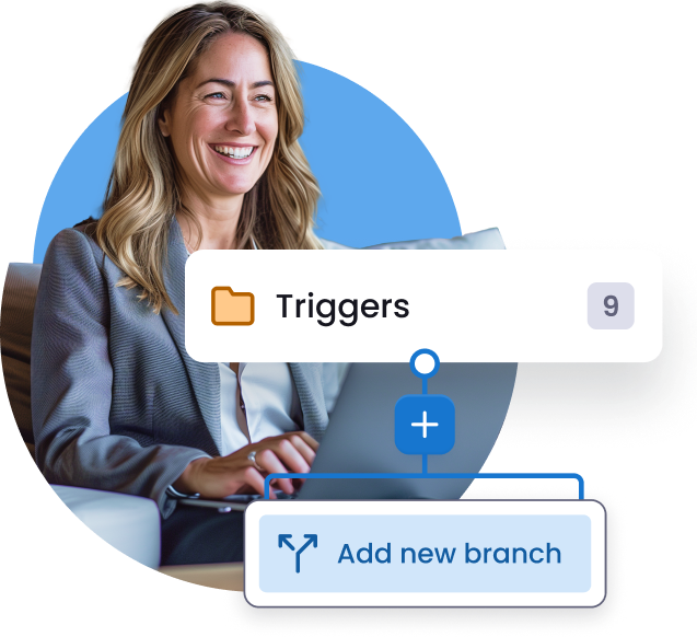 Image of a woman using the workflow builder with a focus on workflow triggers